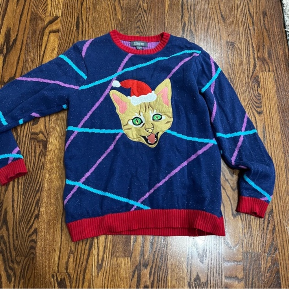33 Degrees Men's Light Up Lazer Kitty Cat Scary‎ Ugly Christmas Sweater | Large